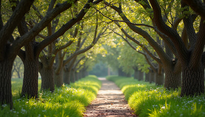 Scenic tree-lined path leading through lush green garden  