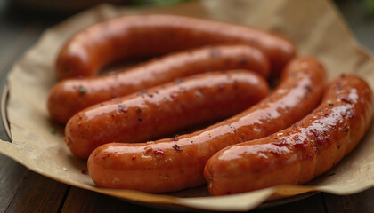 Grilled sausages arranged on a paper plate with herbs in background  