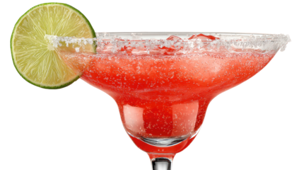 Vibrant red cocktail in a stemmed glass, garnished with a lime wedge and rimmed with salt