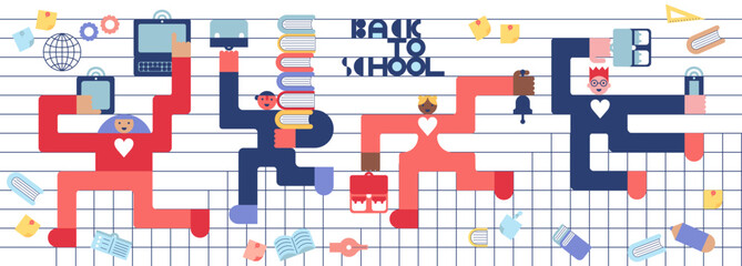 Back to school. Happy Students with Backpacks, school items, stationery, books cartoon style. Simple Geometry Vector design illustration for study, school, university