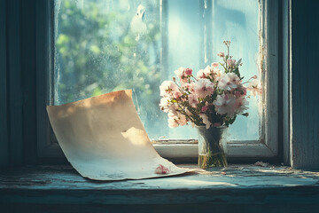 Forgotten bouquet. Afternoon sunlight casting dramatic shadows through an old window. A faded letter on a peeling wooden windowsill © vitakot
