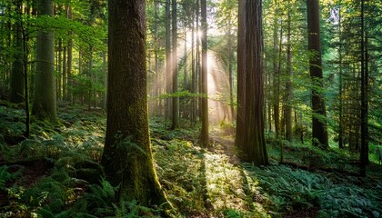 Obraz premium serene sunlight filtering through dense trees in a mysterious forest