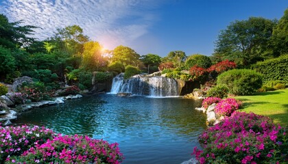 a picturesque paradise landscape featuring flourishing gardens majestic waterfalls and an array of flowers creating a magical and idyllic setting reminiscent of eden generative ai