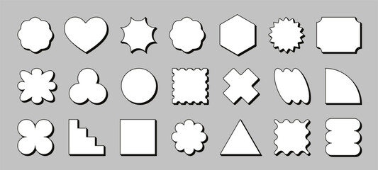 Trendy groovy geometric shapes, blank playful stickers in various shapes. Retro cartoon funky labels, fun outline abstract forms with drop shadow, empty bold comic style badge or patches vector set