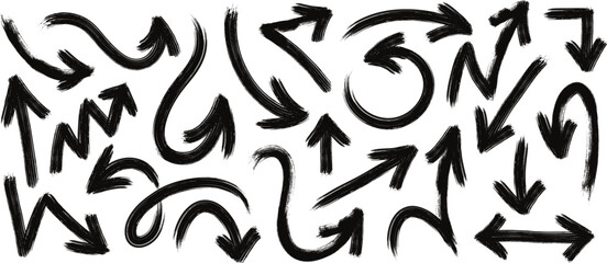 Hand drawn brush stroke arrows, curved and zigzag arrow pointers. Various shapes black ink grunge arrow signs, bold direction pointer or marker doodles, dynamic navigation design elements vector set
