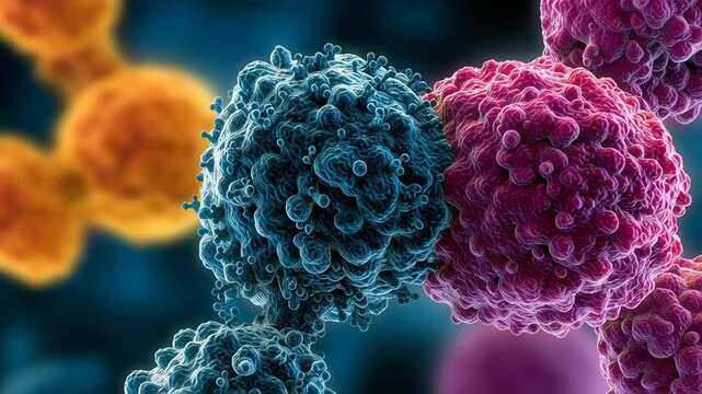 Immune Cells Interacting with Drug Molecules in Vibrant Colors Microscopic View of Cellular Defense and Immune Response Complexity