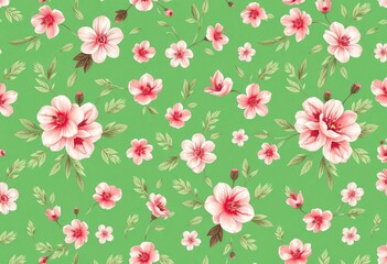 Delicate pastel floral seamless pattern on green background, repeating blooms and leaves, style, pretty