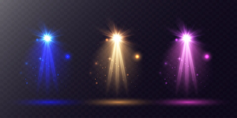 Set of light effects.Vector bright effect of stage spotlight. Sunlight, abstract special effect.On transparent background.