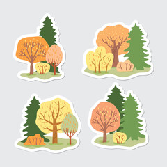 Autumn forest stickers set. Cartoon compositions with coniferous and deciduous trees and bushes. Yellow, orange, brown and green colors. Woodland objects for banners, posters. Vector illustration.