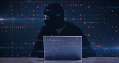 Hooded hacker initiating breach by typing on laptop while animated code alerts flashing around grid - Powered by Adobe