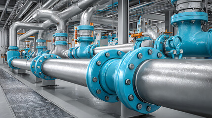 Industrial plumbing system with interconnected blue pipelines and valves in a modern factory.