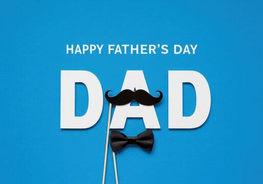 Happy father's day message with dad letters, mustache, and bow tie on a vibrant blue surface