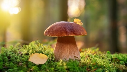 boletus mushroom in forest with moss and leaves perfect for foraging guides nature blogs and autumn content