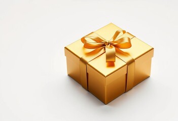 Obraz premium Luxurious golden gift box, tied with ribbon, isolated on white, golden ribbon, sparkle