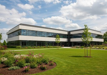 Exterior view of a modern office building with large windows and a well maintained green lawn area outside