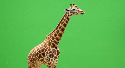 Graceful giraffe standing tall against vibrant green backdrop, perfect for educational or wildlife promotions