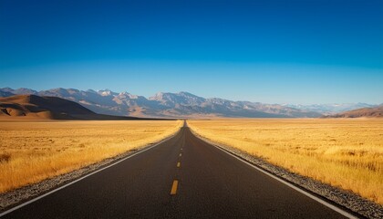 Fototapeta premium long straight road stretches through golden plains and mountains under a clear blue sky