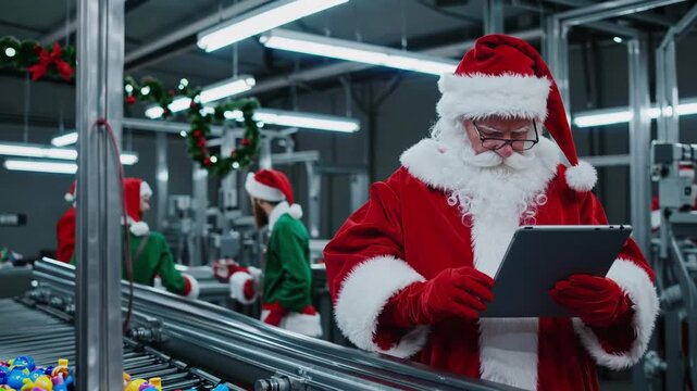 Santa claus supervising toy production with digital tablet