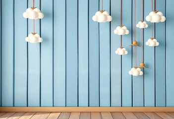 Soft blue wooden wall backdrop with hanging cloud ornaments, whimsical decor, pastel colors, home