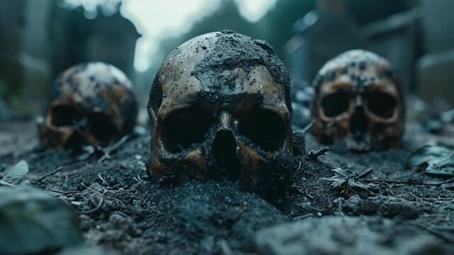 realistic dark horror cemetery with skulls scattered around