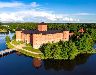 Aerial view of a historic red brick castle on an island, surrounded by a tranquil lake and lush green forest, under a partly cloudy sky