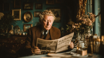 Obraz premium Elderly man reading newspaper in cozy vintage interior with flowers and framed pictures during morning light