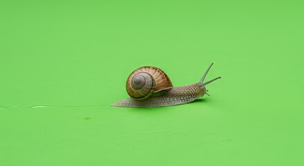 Snail slowly gliding across a vibrant green surface leaving a glistening trail behind it