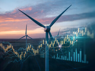 Dynamic shot of wind turbines set against sunset with financial data overlay, capturing renewable energy investment growth and future success