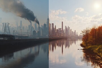 Split image: stark contrast between polluted and clean air environments. Health crisis. Stringent standards: addressing hazardous pollutants from power plants. Renewable power. Symbolic time.
