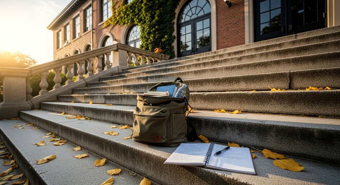 Backpack on college stairs with notebook and pen for education student study learning and school supplies