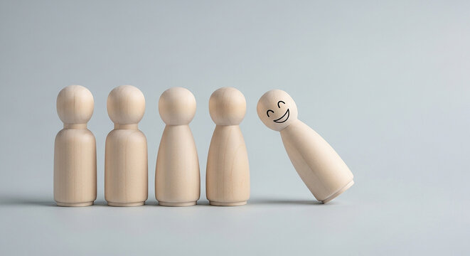 Smiling wooden figure leaning out from group of identical figures symbolizing individuality uniqueness self expression leadership and standing out from the crowd

