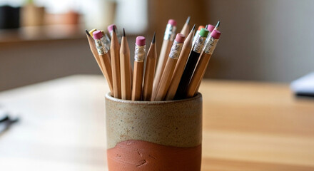 Pencils pencil holder desk office supplies stationery writing drawing art graphite eraser wood tool design work 100