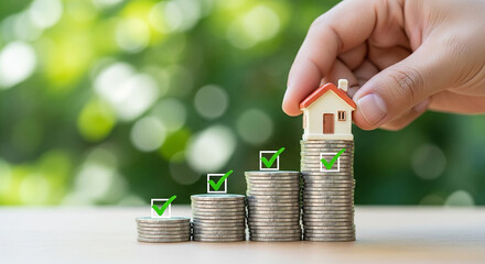 Hand placing house model on stacked coins with green check marks representing real estate investment property planning financial savings and mortgage goal success

