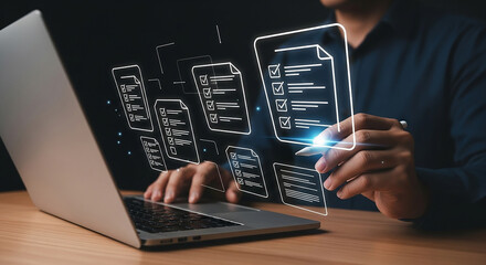 Man working on laptop with digital document folders and file icons on screen representing cloud storage data management and online file organization system

