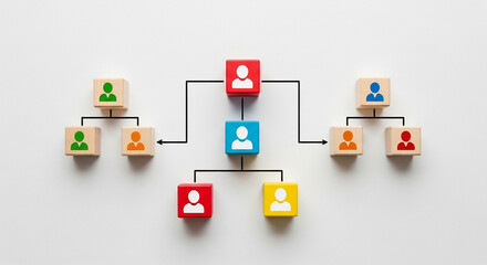 Colorful wooden blocks with human icons connected in organizational hierarchy chart on white background representing company structure and team management

