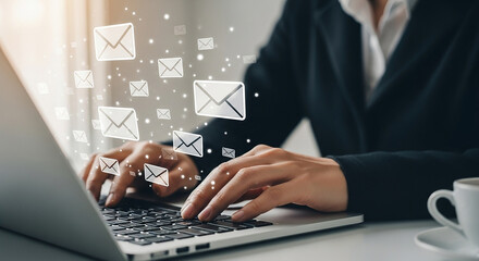 Businesswoman typing on laptop with digital email icons floating above keyboard representing online messaging communication and electronic mail system

