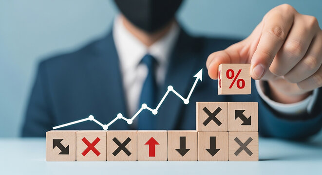 Businessman stacking wooden blocks with percentage and direction symbols showing financial growth chart and economic data analysis for investment and interest trends