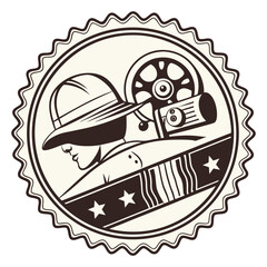 Vintage Film Camera and Explorer Hat Emblem retro cinema