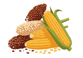 The image showcases corn and sorghum crops in a colorful stacked arrangement