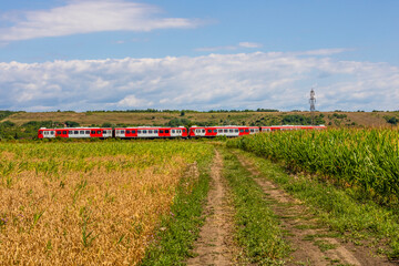 Rural Romanian landscape with a train passing through. The land is a patchwork of wheat and corn fields