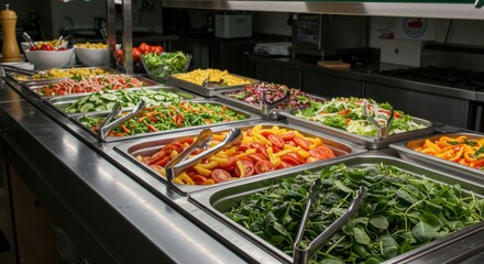 Fototapeta premium Colorful fresh salad bar with diverse vegetable options for healthy delicious meals