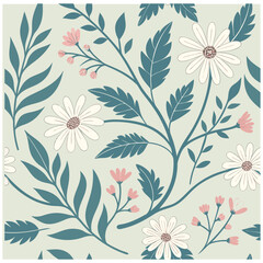 Fototapeta premium Seamless pattern of white daisies and pink buds with teal leaves