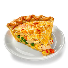 A slice of savory pie with a golden crust, filled with chicken and vegetables, served on a white plate.