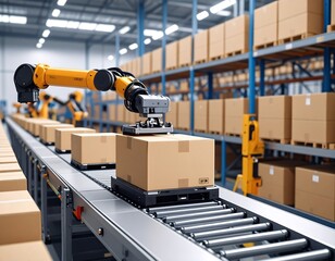 Automated warehouse with robotic arms handling boxes on a conveyor belt