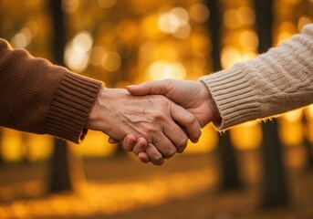 Two people shaking hands outdoors during autumn at sunset