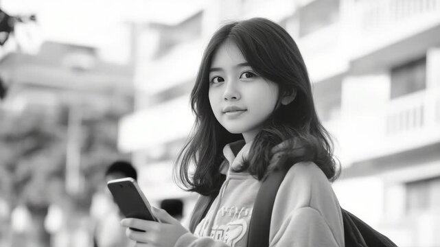 A cheerful young girl is seen holding a smartphone, seemingly engaged with her device. She's wearing a school uniform and carrying a backpack, suggesting she might be on her way to or from school. The