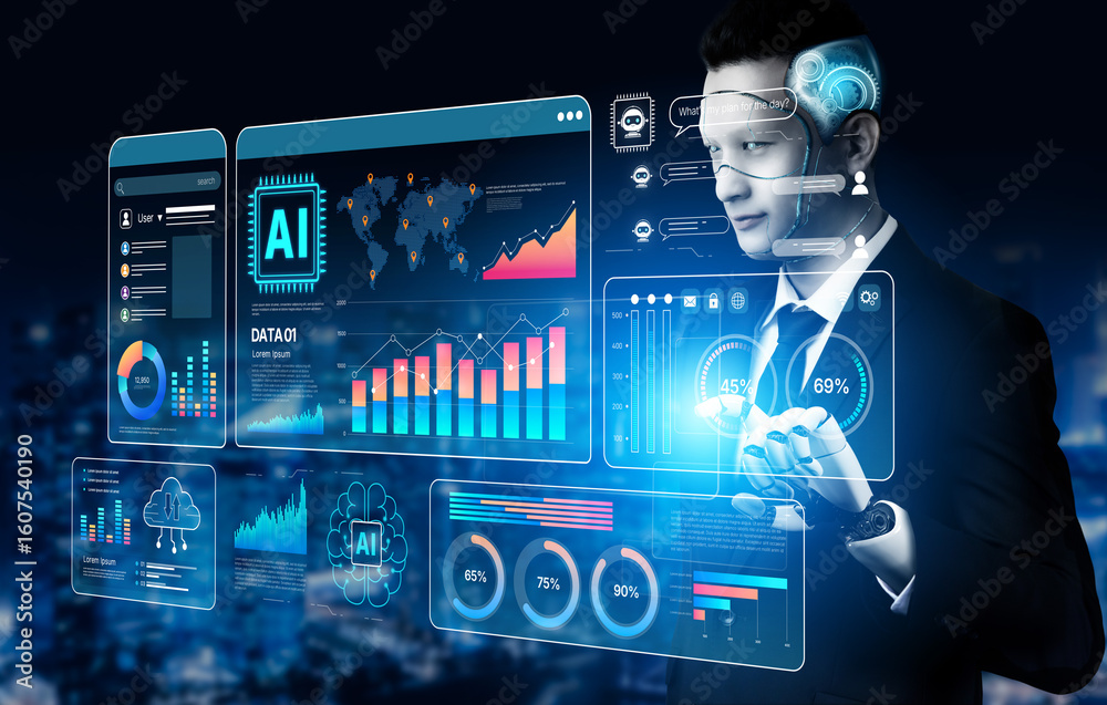 Poster ai brain processes big data with generative ai, llms, and machine learning to support business decis