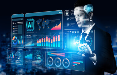 AI brain processes big data with generative AI, LLMs, and machine learning to support business...