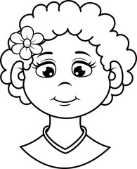 Niña sonriente con flor en el pelo, perfecta para libros para colorear y diseñar.