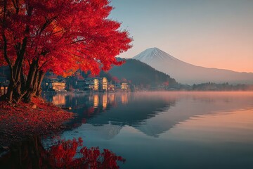 Majestic Mount Fuji reflected in a serene lake framed by vibrant autumn foliage under a calm morning sky